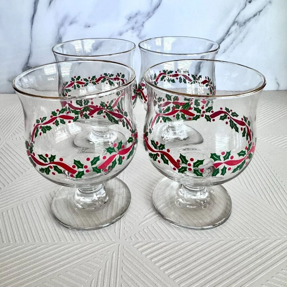 Vintage Libbey Holly Berry Red Ribbon Christmas Dessert Glass Goblet Set of 4